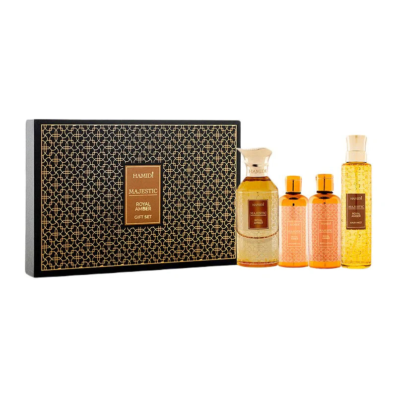 HAMIDI MAJESTIC ROYAL AMBER 4 PIECES GIFT SET + SET EAU DE PARFUM + HAIR MIST + BODY LOTION + SHOWER GEL