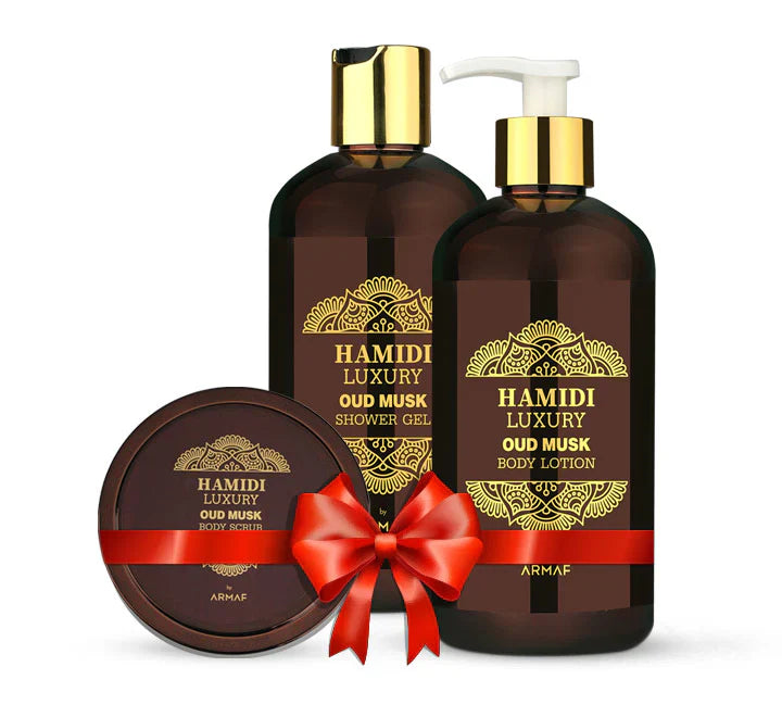 HAMIDI LUXURY OUD MUSK 3 PC GIFT SET - BODY SCRUB + BODY LOTION + SHOWER GEL